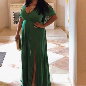 cold shoulder cowl back pleated maxi dress